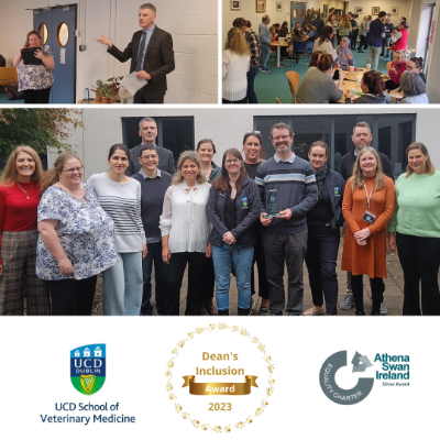 collage of photos from an event held in the School of Veterinary Medicine. First photo is Dean Rory Breathnach presenting the Dean's Inclusion Award to Catherine McCarney. Second photo is a wide shot of the staff members enjoying lunch together. Third photo shows the group of award recipients with Rory in the common room courtyard. IMage includes UCD logo, Deans Inclusion Award logo and Athena SWAN silver award logo